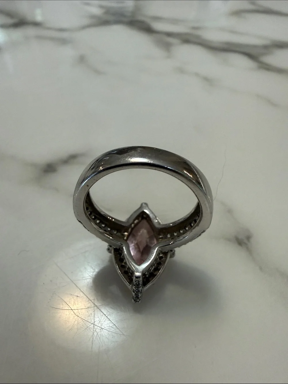 Silver ring with marquise cut pink CZs, size 7